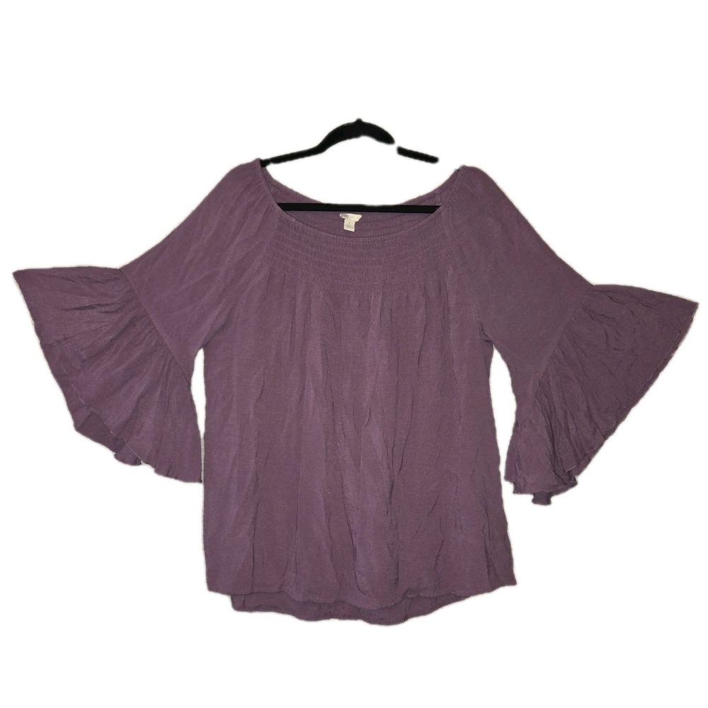 CATO C Est. 1946 Bell Sleeve Blouse Women's Large Purple Shirt Smocked Top